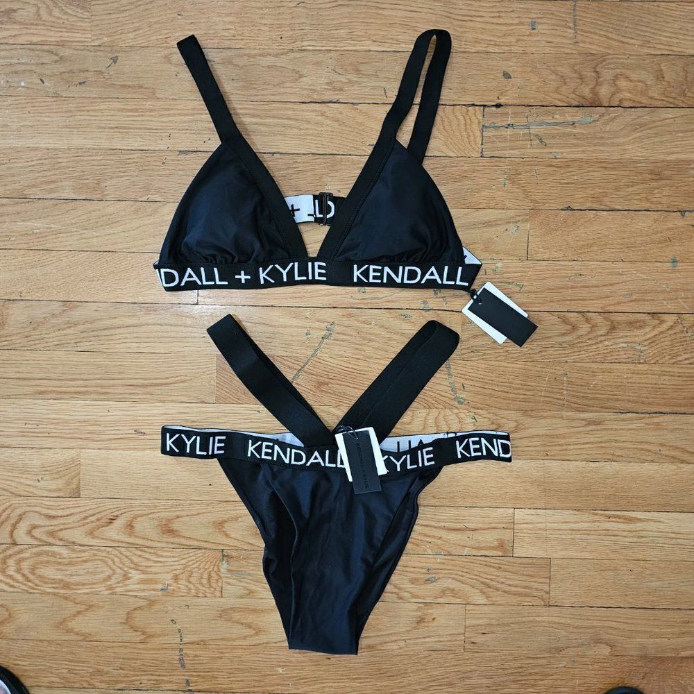 Kendall & Kylie Women's Black Logo Brand Bikini Top bandage logo Bottom Size XL - Picture 2 of 15